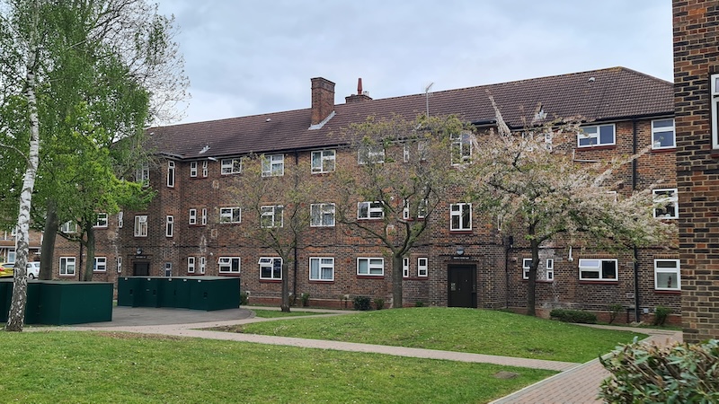 An image of a block of flats with a birch tree in the foreground