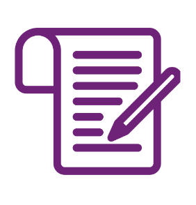 dark purple illustration of a piece of paper with a pen writing on it